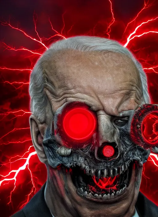 Prompt: hyper realistic ultra realistic harbinger of doom photo furious red glowing eyes biden, high quality photo, detailed , 8k