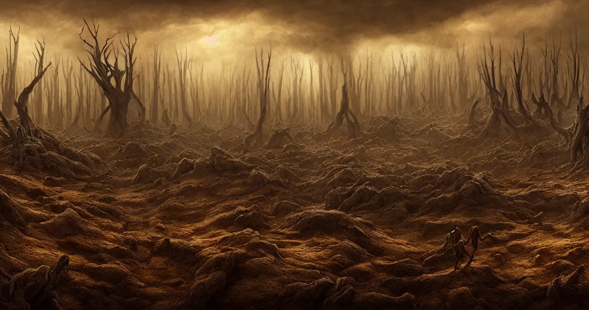 Image similar to epic professional digital art of hungry barren desert with dessicated forest, faint golden moody atmospheric lighting, painted, intricate, detailed, detailed, foreboding, by leesha hannigan, wayne haag, reyna rochin, ignacio fernandez rios, mark ryden, iris van herpen,, epic, stunning, gorgeous, much wow, cinematic, masterpiece.