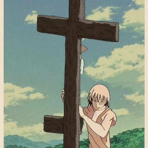 Image similar to poster of a bloodied Jesus carrying his cross, Studio Ghibli