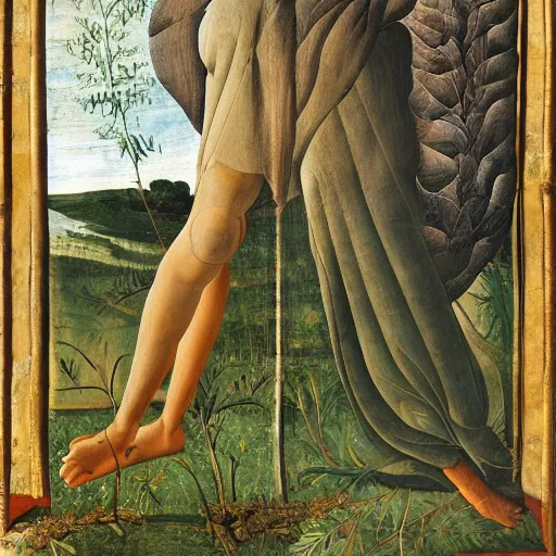Prompt: portrait of benjamin netanyahu lying elegantly in nature, leaves as clothes, by sandro botticelli