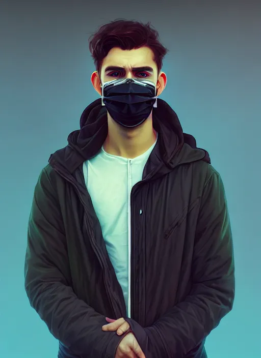 Image similar to handsome young man with black medical mask, half body shot, path traced, highly detailed, high quality, digital painting, alena aenami, lilia alvarado, shinji aramaki, karol bak, alphonse mucha, tom bagshaw