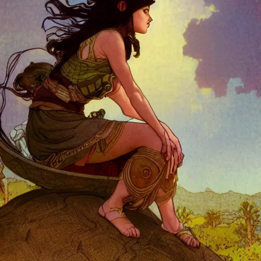 Prompt: a little warrior girl sitting on top of one giant turtle that is walking in the desert. the girl has dark skin and beautiful green eyes, realistic full body and a very beautiful detailed symmetrical face with long black hair. diffuse light, dramatic sky and landscape, long shot fantasy illustration by mucha