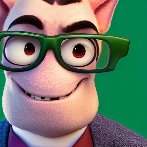 Image similar to close up portrait of a nerd guy happily announce new video, Pixar's Up character, 3D render,youtube thumbnail,flat green screen background,high resolution, high quality, detailed, zootopia, cgsociety,artstation, deviantart