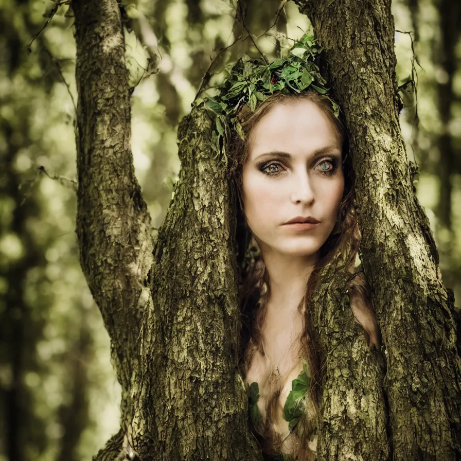 Image similar to A portrait of a beautiful and dangerous Elven Queen in her forest; natural light; f/1.4; 90mm