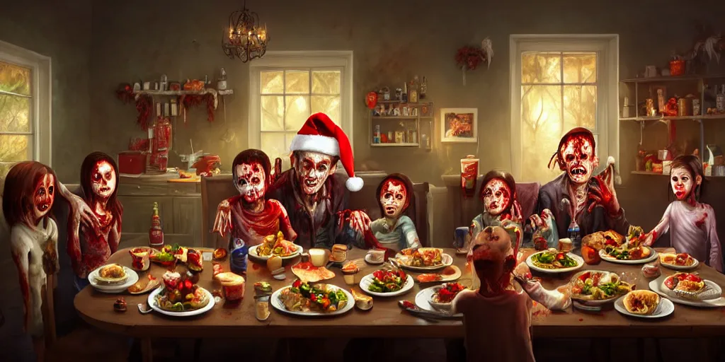 Prompt: a zombie family christmas diner, wide angle, super highly detailed, professional digital painting, artstation, concept art, smooth, sharp focus, no blur, no dof, extreme illustration, unreal engine 5, photorealism, hd quality, 8 k resolution, cinema 4 d, 3 d, beautiful, cinematic, art by stanley lau and artgerm
