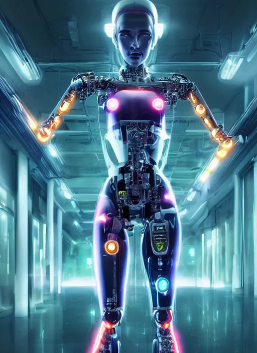 Prompt: photorealistic detailed full body picture of a female cyborg, pretty face, with head arms legs feet and hands, standing on the ground, glamour pose, neon lights, humanoid, extreme, uhdr, book called the most influental cyborg in 2 0 5 0, fine details, highly detailed, intricate, smooth sharp focus, symmetrical features, environmental portrait, realistic render