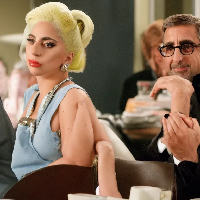 Prompt: confused lady gaga looking at the camera while steve carell smiles behind her, from the office ( 2 0 0 5 ), detailed background, uhd, low light, cinematic, realistic, clear face, clear eyes.