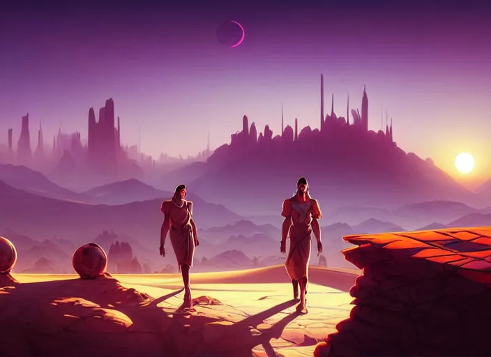 Prompt: science fiction pc game point - and - click adventure, daedalic entertainment, desert with city in the skyline, two suns, purple orange colors, sharp focus, illustration, highly detailed, digital painting, concept art, matte, art by wlop and artgerm and greg rutkowski and alphonse mucha, masterpiece