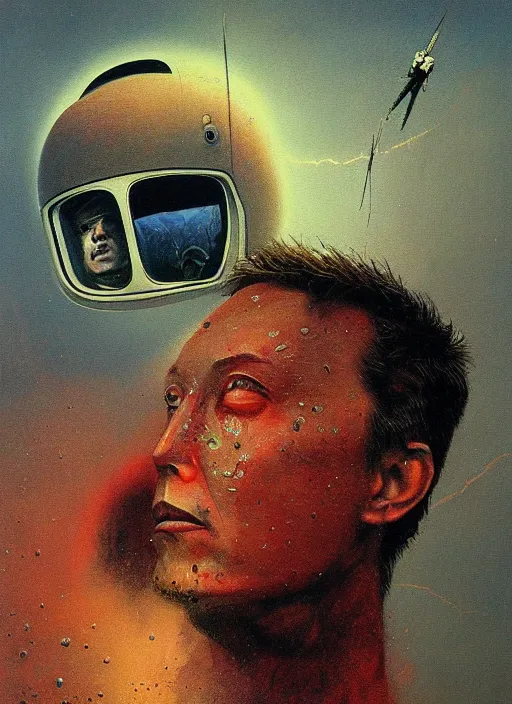 Image similar to A painting of Elon Musk in style of Beksinski. Very detailed