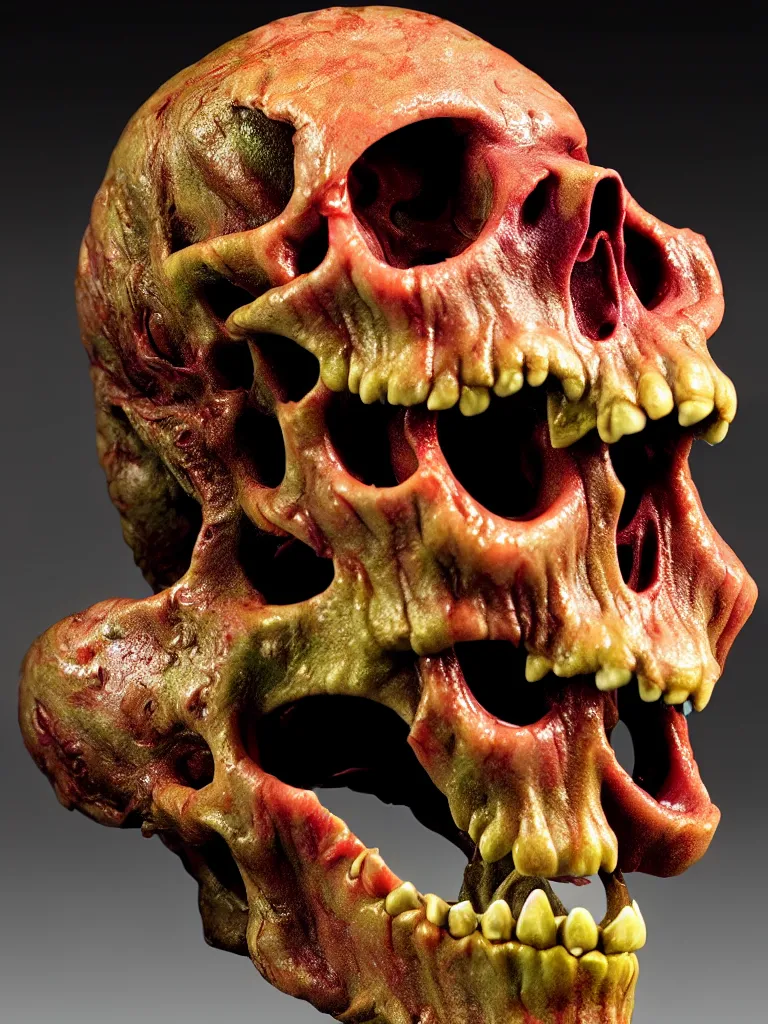 Image similar to hyperrealistic subsurface scattering rendering, fat smooth wet cronenberg flesh monster smooth skull and ribcages kaiju by art of skinner and richard corben and jeff easley, product photography, action figure, sofubi, studio lighting, colored gels