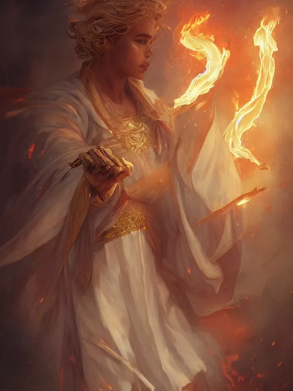 Prompt: young summoner with a fire elemental, fantasy, man, thick robes, intricate, elegant, highly detailed, digital painting, artstation, concept art, wallpaper, smooth, sharp focus, illustration, art by artgerm and greg rutkowski and alphonse mucha