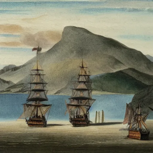 Image similar to Capitain Cook arriving in the bay of islands on the HMS Endeavour amongst dense New Zealand coastal forest, 1769 New Zealand, in the style of a Charles Emilius Gold watercolor