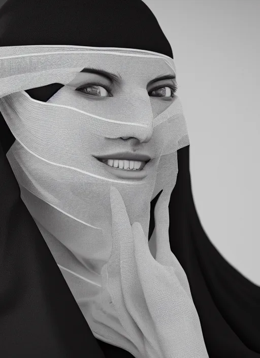 Image similar to a close up of a woman wearing a black vail covering her face. A black robe on. Unreal engine, photorealistic, 8k