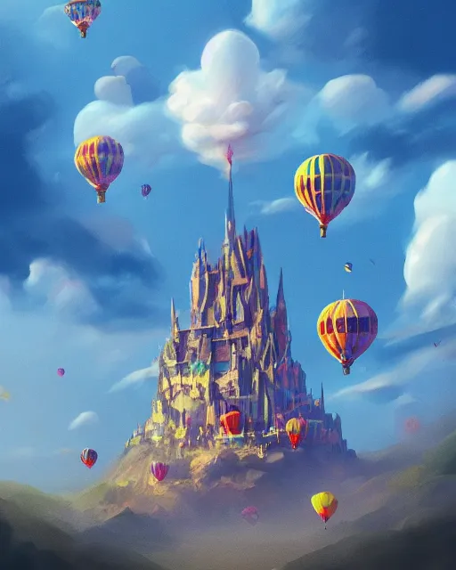 Image similar to flying cloud castle, buildings, baloons, machines, bright, blue sky, mountains, colorful, cinematic lighting, fantasy, high detail, illustration, masterpiece, artstation, 4 k, art by wylie beckert