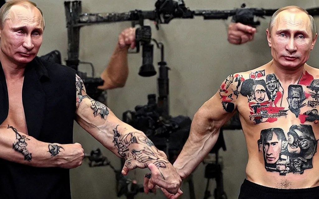 Prompt: famous photo of vladimir putin with torso covered with criminal tattoo photo dy journalists