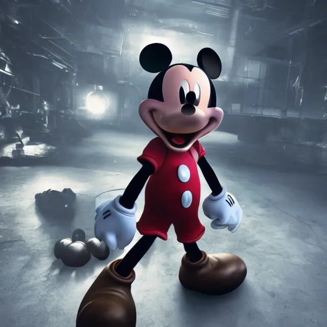 Image similar to ultra realistic mickey mouse wearing heavy armour and machine guns, dark cinematic, volumetric, realistic, 3 d render, realistic render, cinematic lighting, volumetric lighting, atmospheric, cinematic, unreal engine 5, unreal engine render, octane render, hd, photorealism, hyper realistic, photo, 8 k