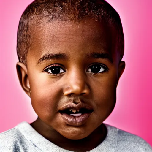 Prompt: the face of kanye west at 4 years old, portrait by julia cameron, chiaroscuro lighting, shallow depth of field, 8 0 mm, f 1. 8