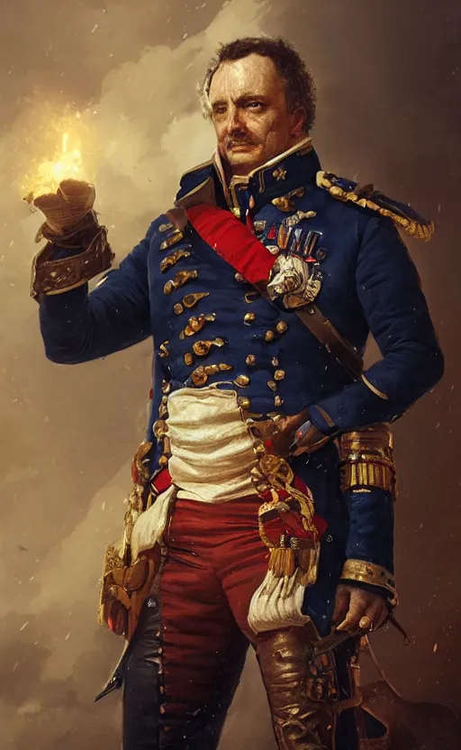 Image similar to Portrait of a middle-aged Napoleonic admiral, male, detailed face, fantasy, highly detailed, cinematic lighting, digital art painting by greg rutkowski