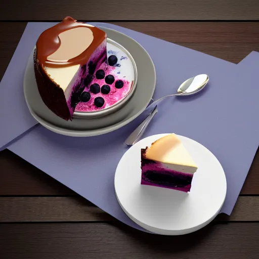 Image similar to blueberry cheesecake with a cup of coffee by it's side, natural lighting, cinema 4d render, Ray traced reflection, 8k