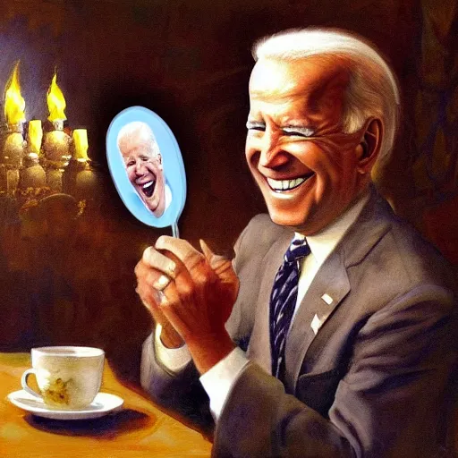 Image similar to a painting of joe biden laugh in tea party with osama bin laden, justify content center, hyper realistic content, frontal hyperdetailed realistic content, sharp focus, intricate, baroque, delete duplicate content
