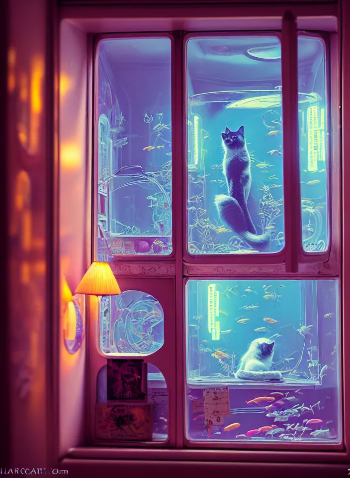 Image similar to telephoto 7 0 mm f / 2. 8 iso 2 0 0 photograph depicting the feeling of chrysalism in a cosy safe cluttered french sci - fi ( ( art nouveau ) ) cyberpunk apartment in a pastel dreamstate art cinema style. ( cat ) ( ( fish tank ) ), ambient light.