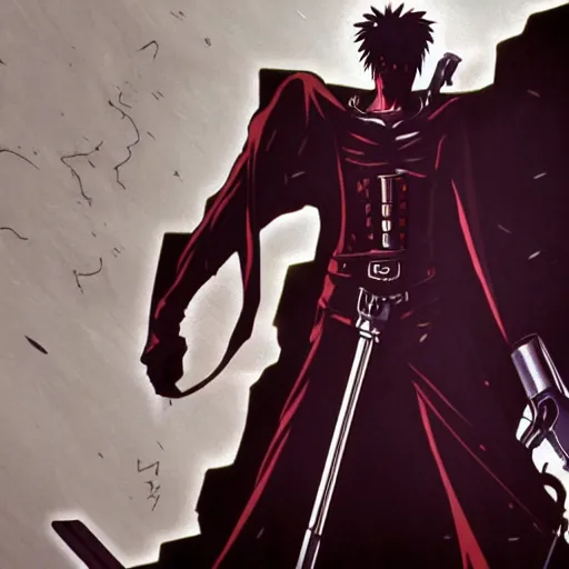 Image similar to a shot of a grim reaper as gunsliger man in trigun series, movie shot, anime, hightly detailed, rescalated 4 k, detailed