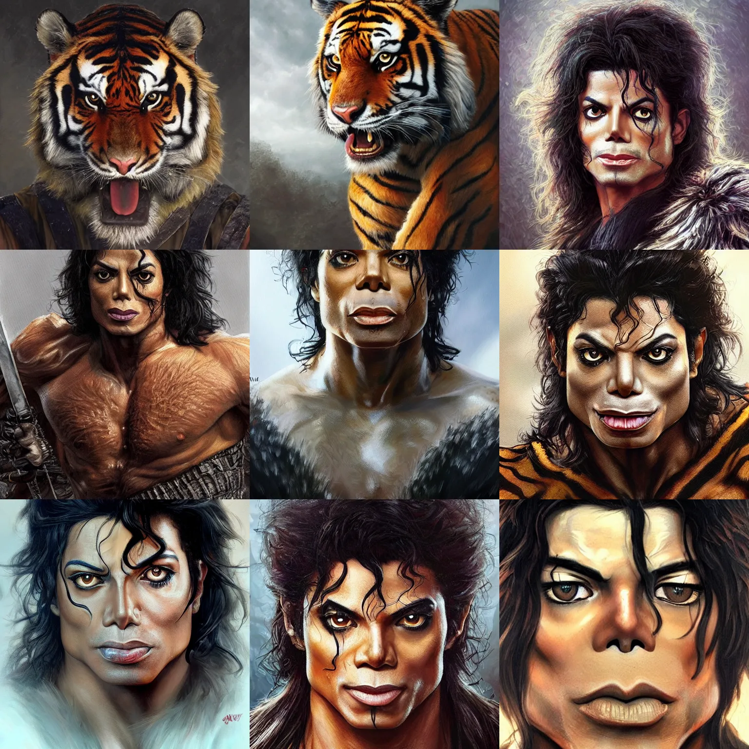 Prompt: tiger!!! michael jackson! very close portrait of angry rugged barbarian, muscular, upper body, 👅 👅 , D&D, fantasy, intricate, elegant, highly detailed, digital painting, artstation, concept art, smooth, sharp focus, illustration, art by artgerm and greg rutkowski and alphonse mucha