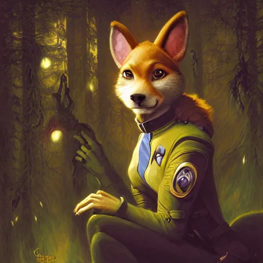 Image similar to a portrait of an alien female dog dogwoman canine in starfleet uniform at night in a dark forest. zootopia fursona furaffinity furry art detailed face painting by gaston bussiere craig mullins jc leyendecker gustav klimt artgerm greg rutkowski furry