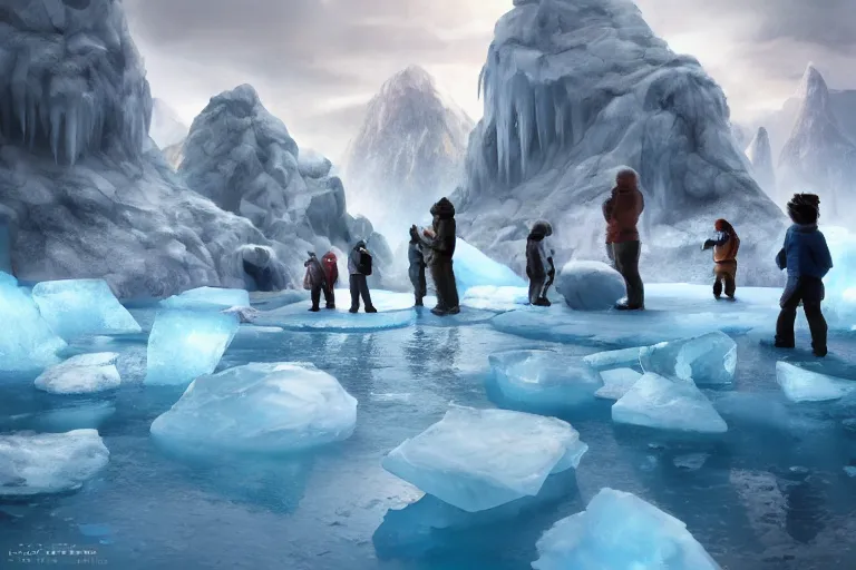 Image similar to a group of tourists discover a shy yeti behind blocks of ice, concept art, digital painting, trending on artstation, deviantart, highly detailed, perfect composition, dramatic lighting, sharp focus, 8 k uhd