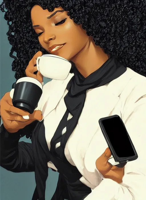 Prompt: detailed digital painting of beautiful black woman in corporate attire holding a cell phone and steaming coffee mug, fanart behance trending on artstation, concept art, matte, sharp focus, illustration, corner office background, art by artgerm and greg rutkowski and alphonse mucha