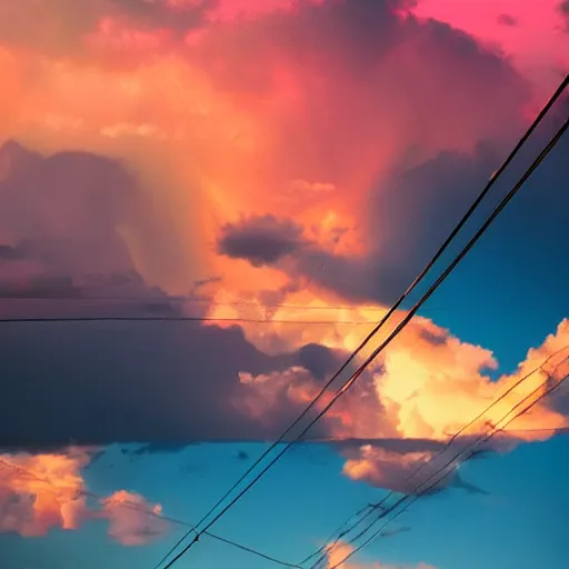 Image similar to low angle, pink golden clouds, blue sky, golden hour, telephone lines, thunder storm, detailed, photograph, award wining, trending on artstation, 4k, unreal engine 5, octane render, neon highlights