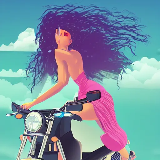 Image similar to beautiful female ninja riding a motorcycle on the highway, big clouds, vaporwave, illustration