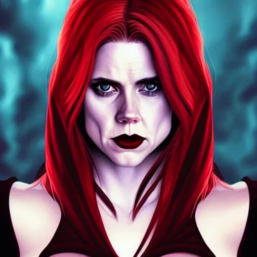 Image similar to vampire : : rafeal albuquerque comic art, artgerm : : gorgeous amy adams : : sharp teeth : : symmetrical face, symmetrical eyes : : gorgeous red hair : : magic lighting : :
