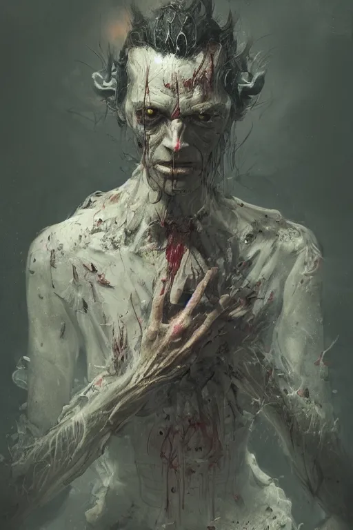 Image similar to A fancy portrait of a Diseased Person by Greg Rutkowski, Sung Choi, Mitchell Mohrhauser, Maciej Kuciara, Johnson Ting, Maxim Verehin, Peter Konig, Bloodborne, 8k photorealistic, cinematic lighting, HD, high details, dramatic, dark atmosphere, trending on artstation