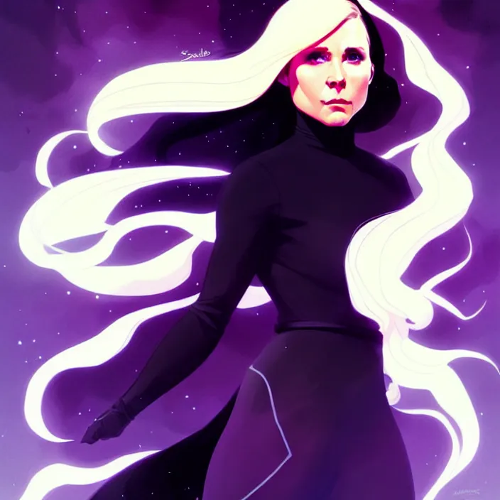 Image similar to style artgerm, joshua middleton, phil noto, beautiful kristen bell with black dress, very long white hair, symmetrical face, symmetrical eyes, purple fire powers fire swirling, detailed, forest setting, cinematic lighting