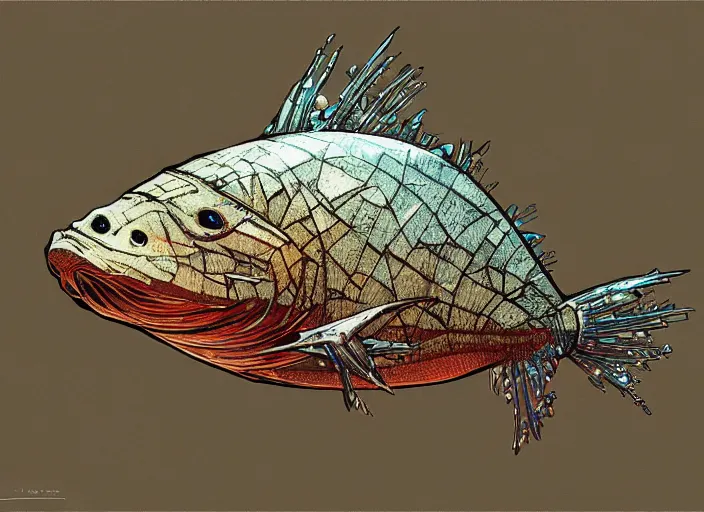 Prompt: dramatic art - portrait of a armored cavefish fish from terraria, armored deep scales exotic fish, by wlop, james jean, victo ngai! muted colors, very detailed, art fantasy by craig mullins, thomas kinkade