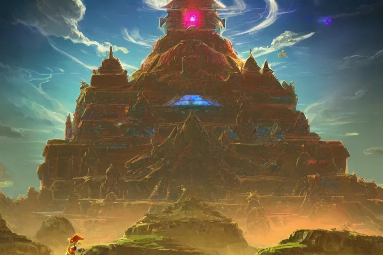 Image similar to the ancient temple zelda botw, in the style of stephan martiniere and vicente segrelles, trending on artstation, back lighting tilt - shift cottagecore, abstract illusionism, movie poster, creature concept art, precisionism