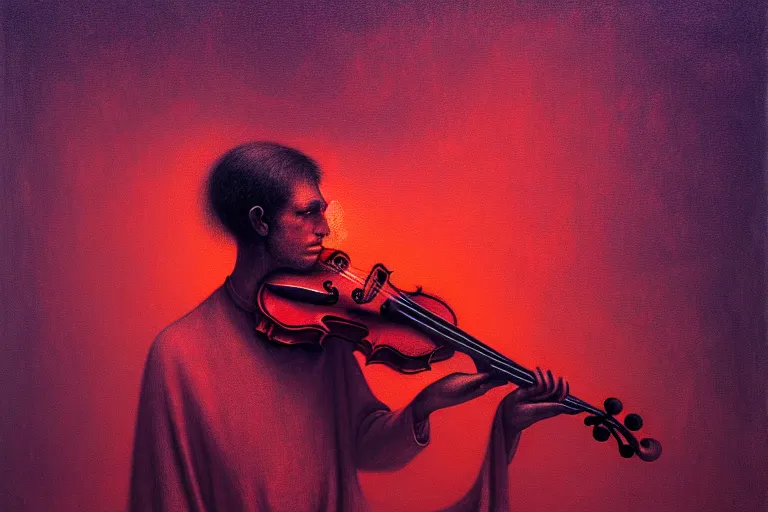 Image similar to abstract tech concept of the mystery musician with colored smoke playing a violin, in the style of rafał olbinski, in the style of beksinski, intricate and epic composition, red by caravaggio, insanely quality, highly detailed, masterpiece, purple light, artstation, 4 k