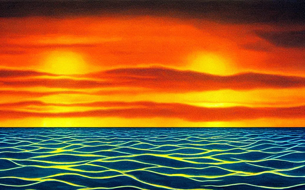 Prompt: scene of an ocean sunset in the style of a surrealist optical illusion detailed painting