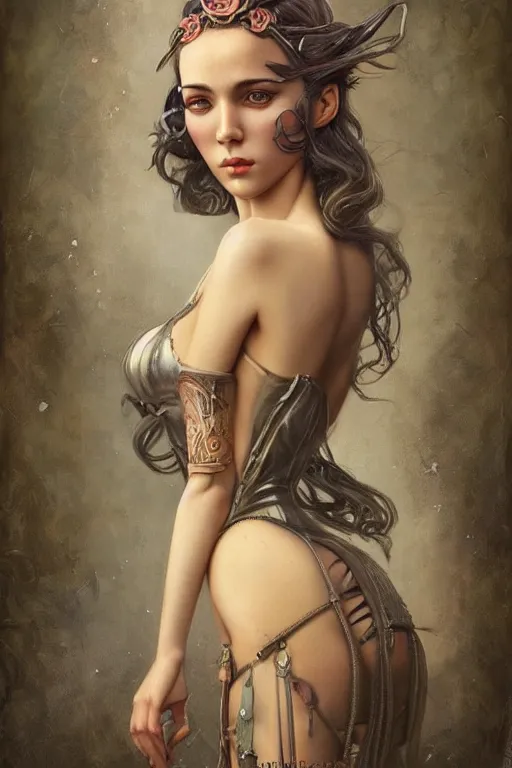 Image similar to Adventure pulp portrait of a beautiful female dollpunk with thin lustrous hair wearing a full bodysuit, focus, detailed, realistic eyes, symmetric body features proportions, intricate details, award winning, by Tom Bagshaw