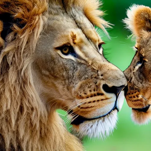 Prompt: A lion cub looking at a mirror and seeing an adult male lion in it.