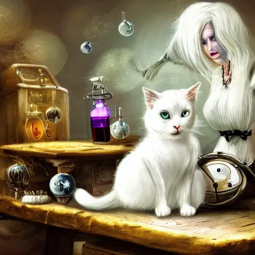 Prompt: a full body beautifull witch with white hair in an old room a cristal ball on wood table. with a potions and old instruments. on the floor a white cat licking his paw. in a fantasy style paiting