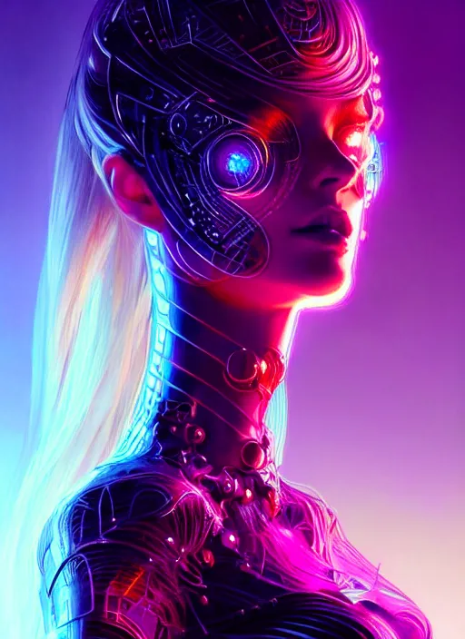 Image similar to portrait of female humanoid in wearable art fashion, intricate, elegant, cyber neon lights, highly detailed, digital photography, artstation, glamor pose, concept art, smooth, sharp focus, art by artgerm and greg rutkowski