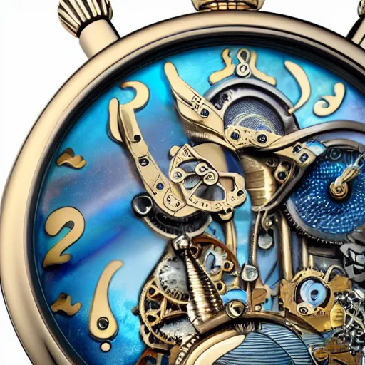 Prompt: a steampunk sleek, jewelled, tropical bird repeater watch by Jaquet Droz, gold and silver highlights, neon blue highlights, macro photography, F/2.8, trending on artstation, octane render