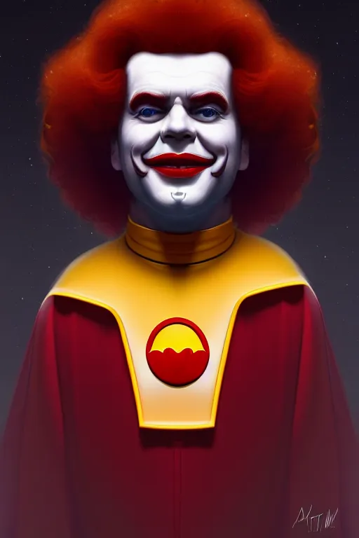 Image similar to a portrait of intergalactic ronald mcdonald, grim - lighting, high - contrast, intricate, elegant, highly detailed, digital painting, artstation, concept art, smooth, sharp focus, illustration