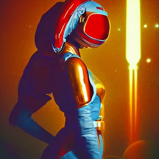 Image similar to vintage sci-fi book cover, a beautiful woman in a spacesuit, warm azure tones, red color bleed, light effects, lit from behind, film grain