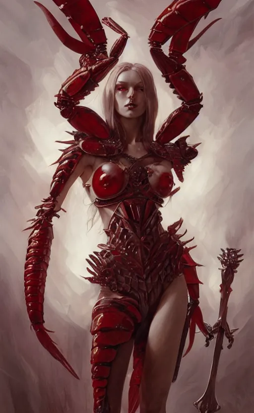 Image similar to Gothic crustacean muscular masculine-featured warrior queen in red and white chitin armor, fantasy, highly detailed, digital painting, artstation, concept art, smooth, sharp focus, illustration, art by artgerm and greg rutkowski and alphonse mucha