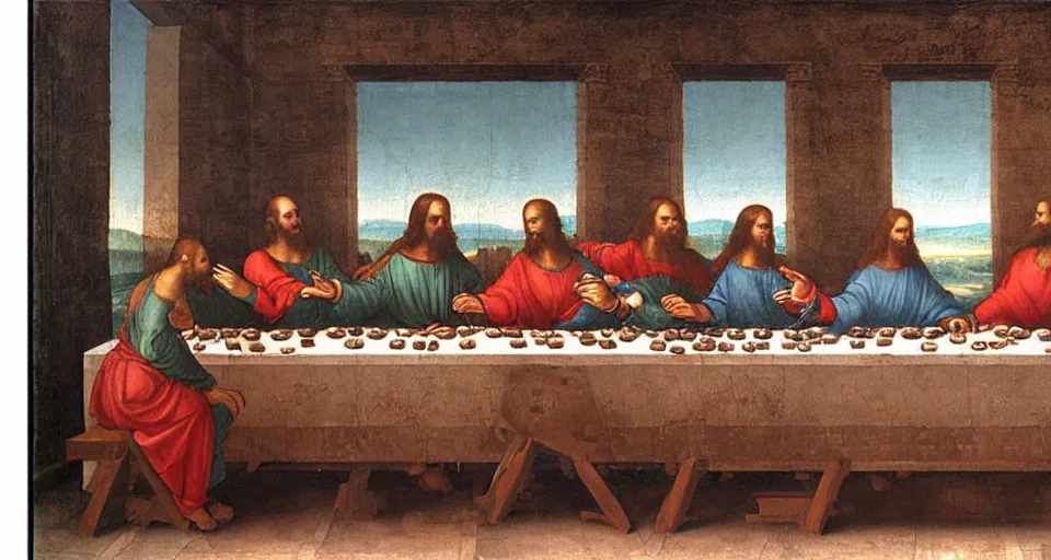 Prompt: DaVinci's the Last Supper except all of the characters have cell phones stylized as a wall Greco oil painting in Milano Italy