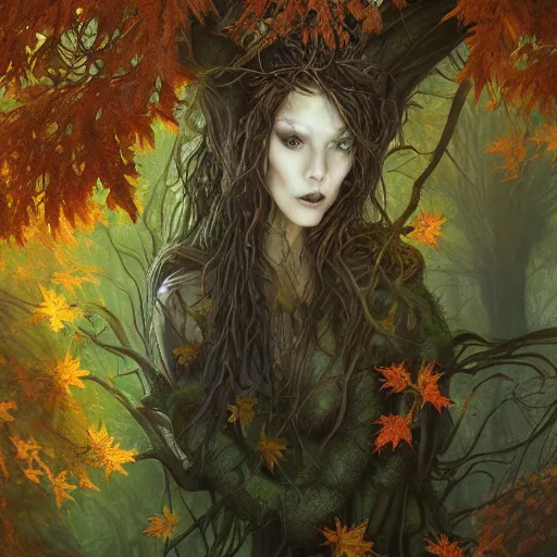 Image similar to portrait of a dryad in a shadowy forest of autumn maples by brian froud and jessica rossier dark mysterious -