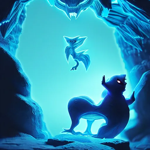 Image similar to ( ghost pokemon ) creature creature in a alaska cave, bioluminescent bioluminescent translucent translucent : : by michal karcz, daniel merriam, victo ngai and guillermo del toro : : ornate, dynamic, particulate, intricate, elegant, highly detailed, centered, artstation, smooth, sharp focus, octane render, 3 d